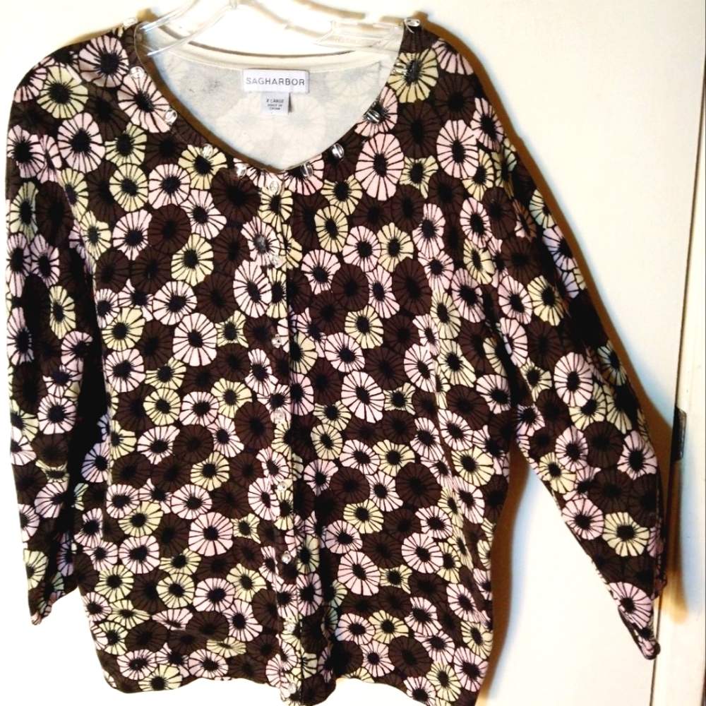 Sag Harbor Women's/Misses Size XL Brown/Multi Color Button Up Sweater Top NWOT